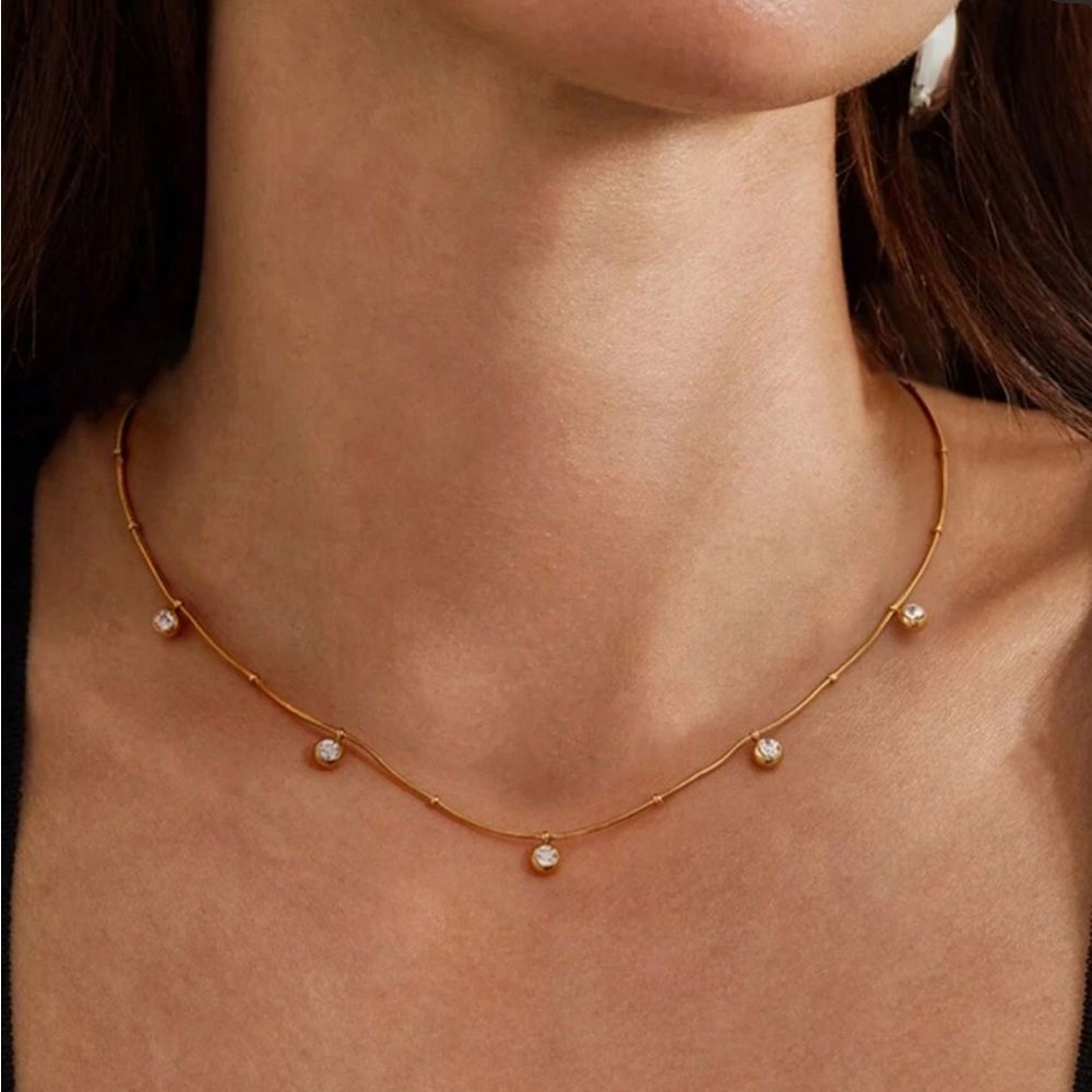 Anthropologie Gold Tiny Bead Necklace with Crystal Drops